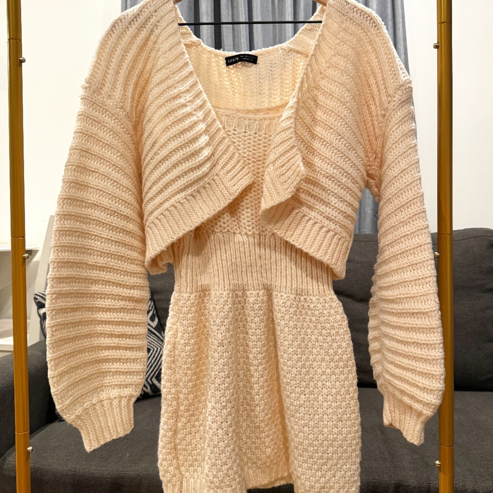 Solid Bodycon Sweater Dress With Open Front Cardigan